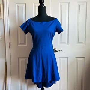 Sarin Mathews royal blue off the shoulder high low fit and flare dress
